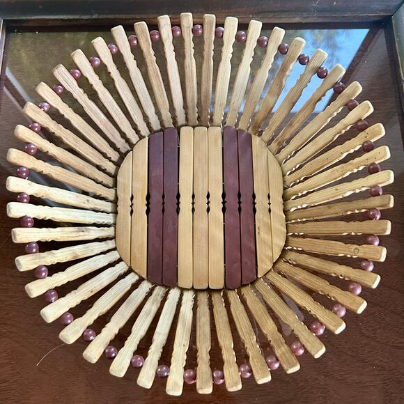 Vintage Wooden Bamboo Fruit Bowl Two-Tone Basket 10" - Picture 2 of 7